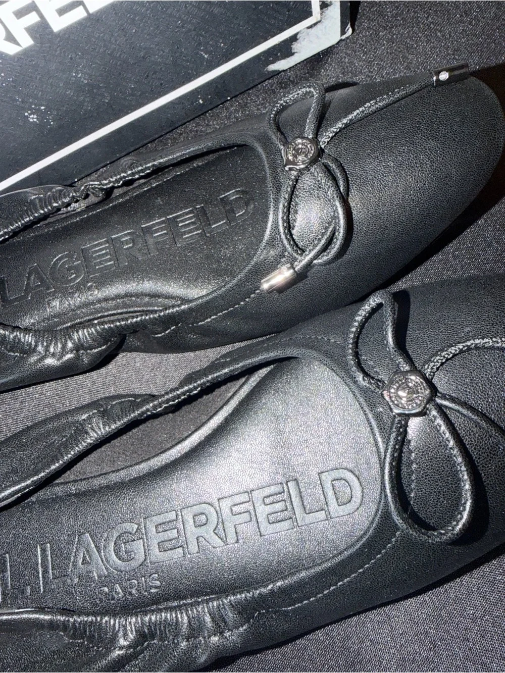 Karl Lagerfeld Black Leather Elastic Ballet Flat with Logo Bow